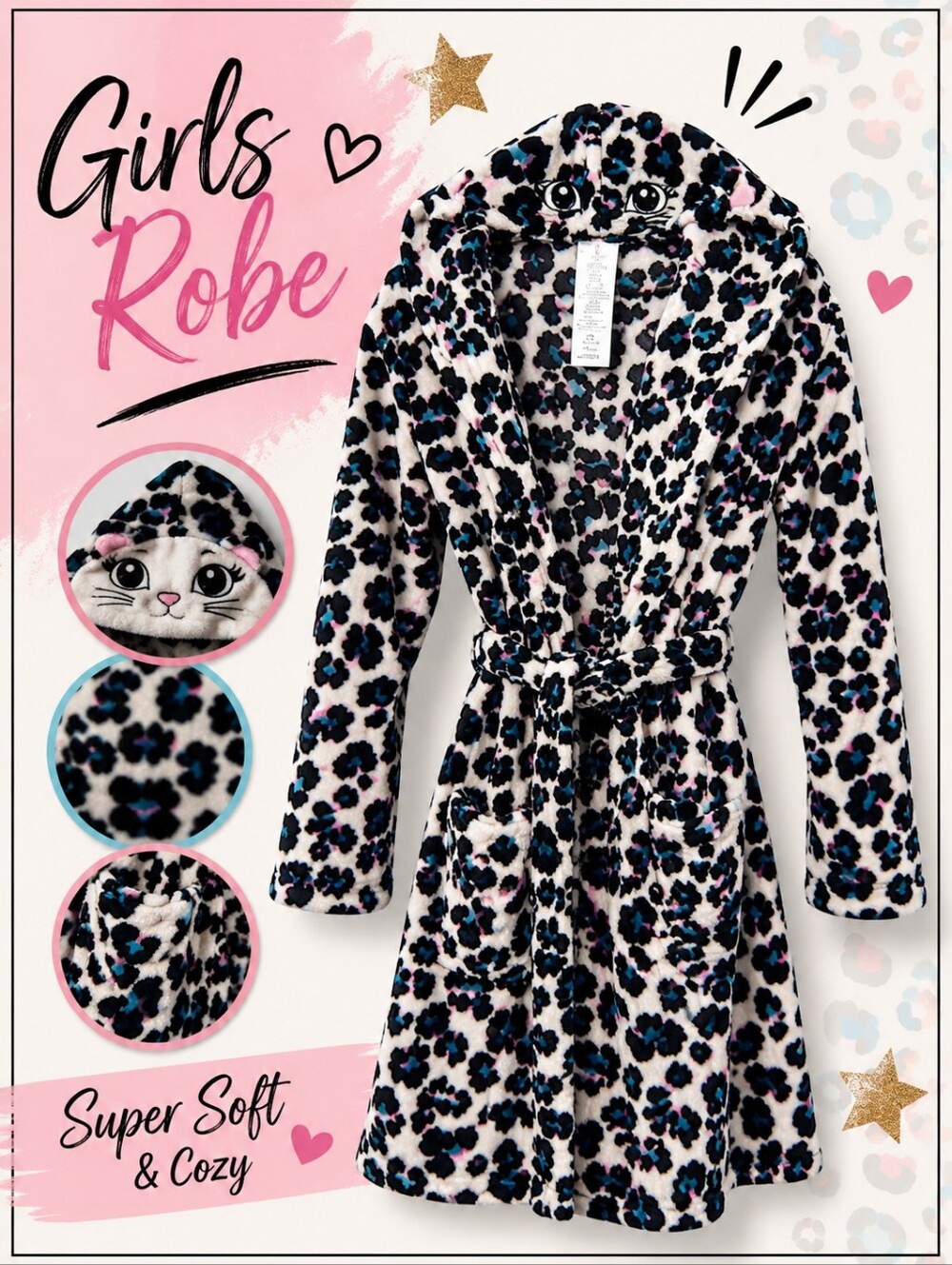 Fuzzy Leopard Print Pajama Robe With Kitty Hood Size Large